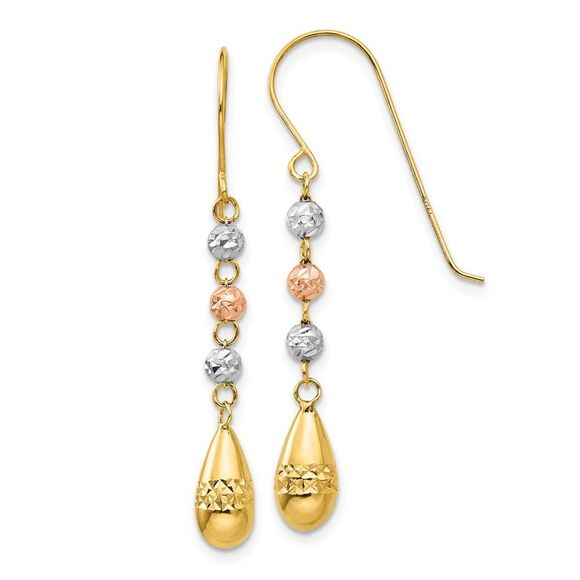 Kazi Luxury 14k Tri-color Diamond-cut Teardrop Beaded Puff Dangle Earrings